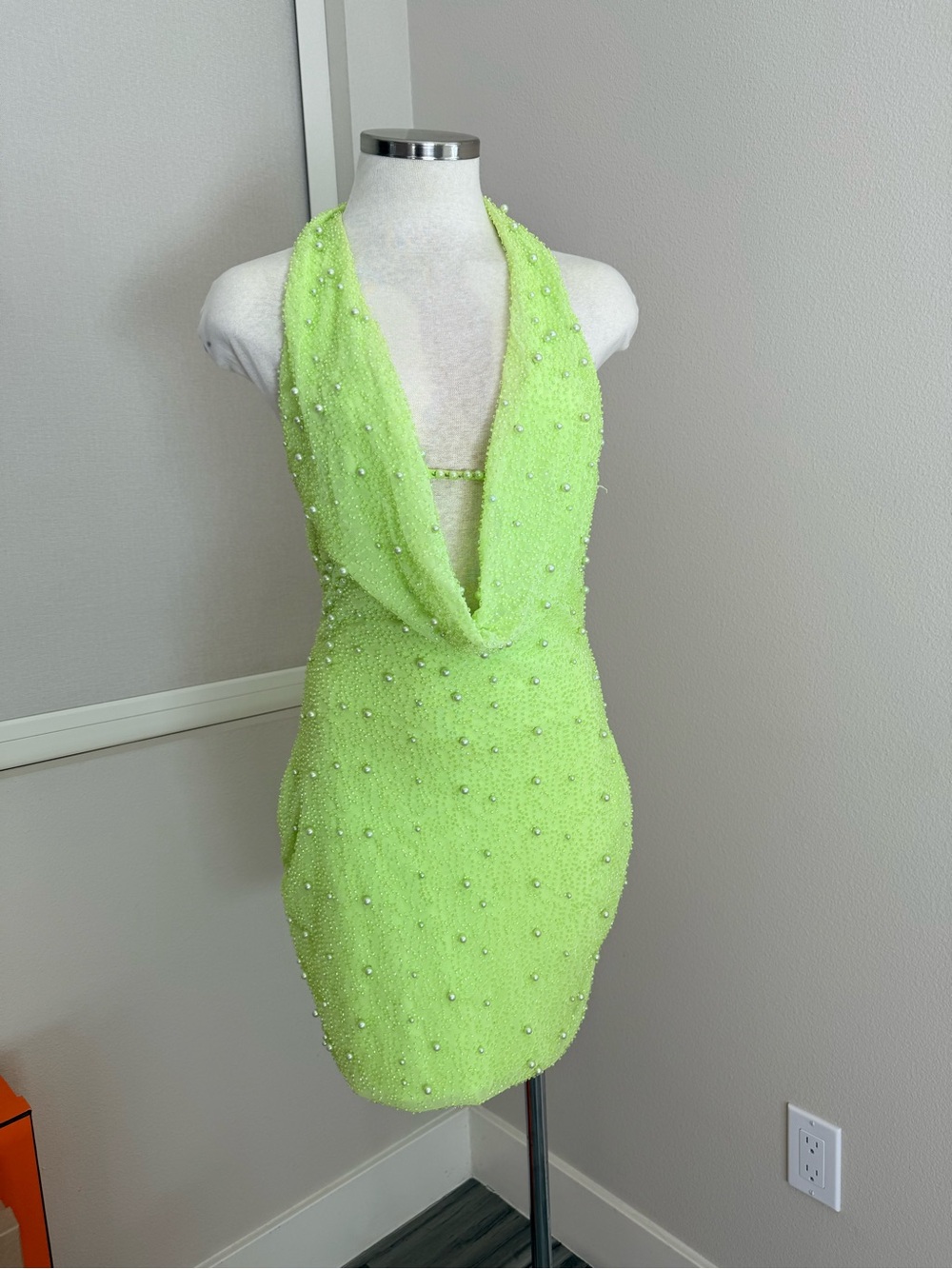 Oh Polly Neon Lime Pearl Halter Mini Dress